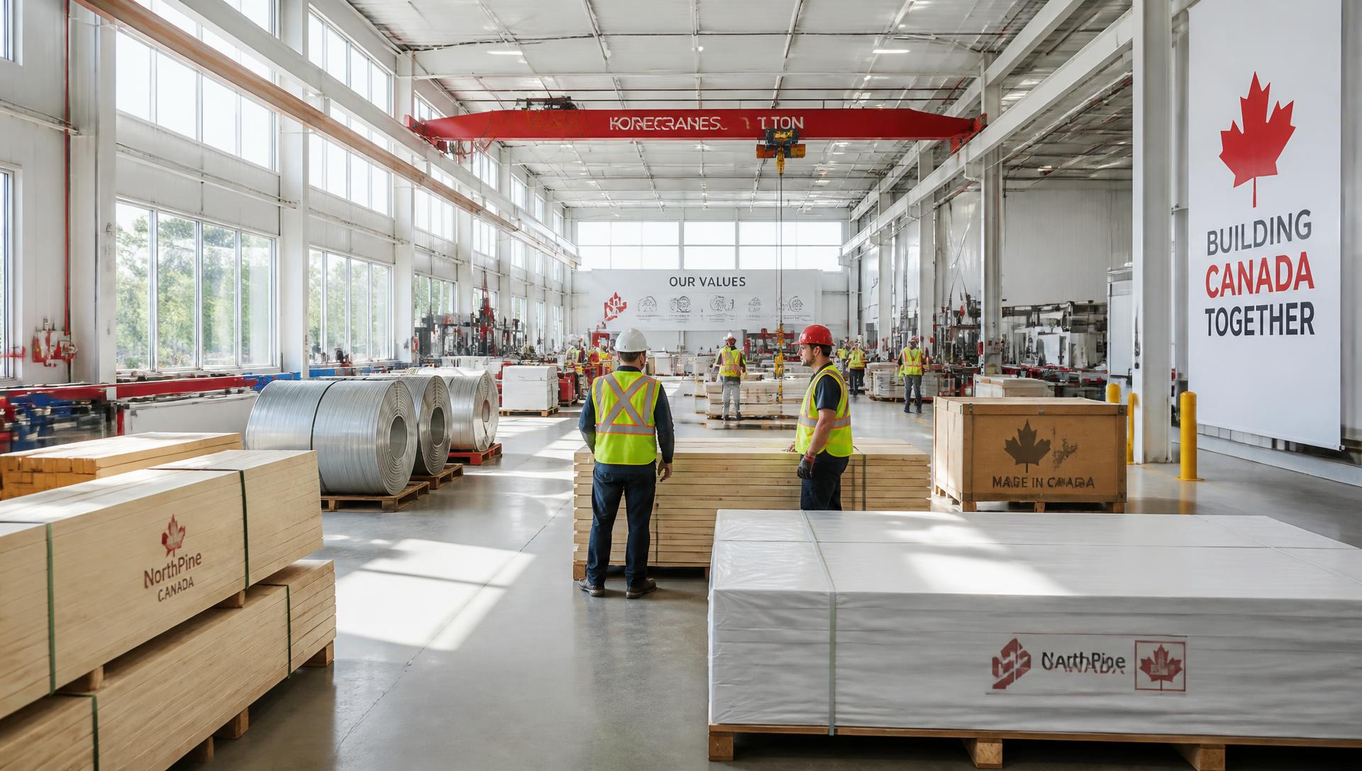 Bright Canadian manufacturing facility with lumber, steel coils and packaged goods on pallets